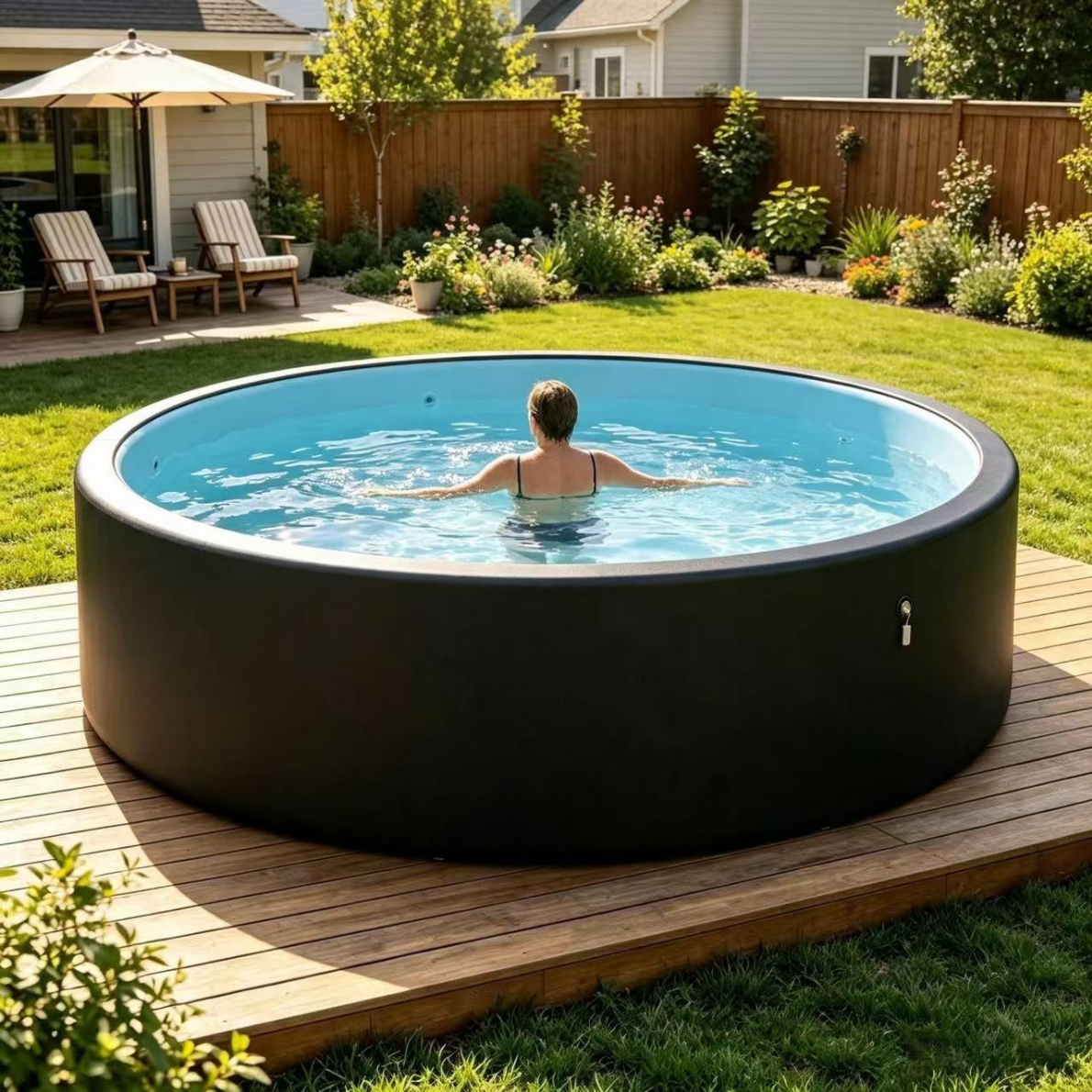 Femme se baignant dans une piscine RIGIDWAVE ronde à paroi noire dans un jardin