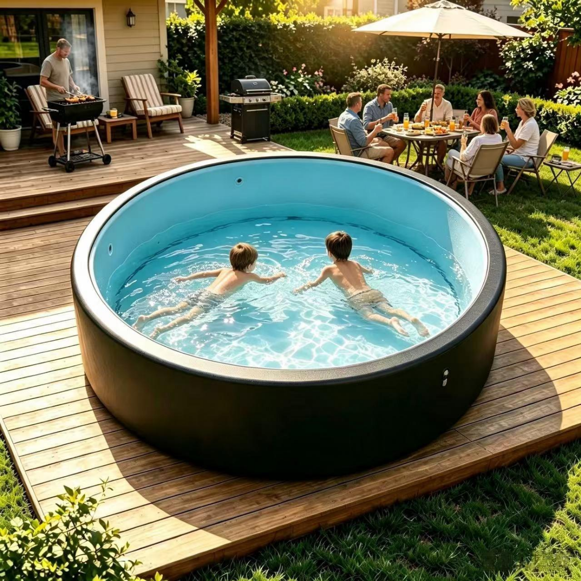 Famille profitant d'une piscine RIGIDWAVE dans le jardin, enfants qui nagent